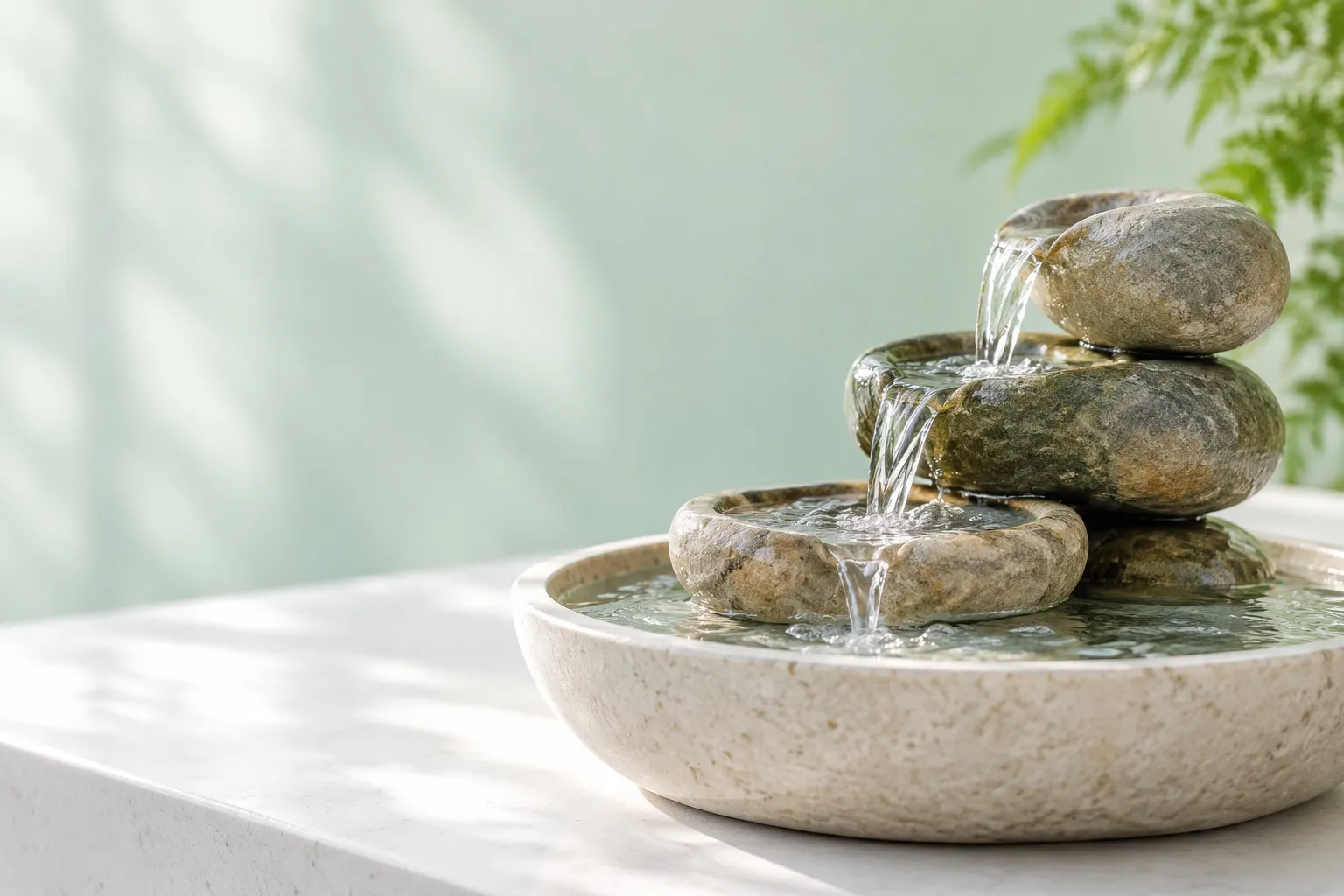 Water running over tiered stones into a shallow pale basin