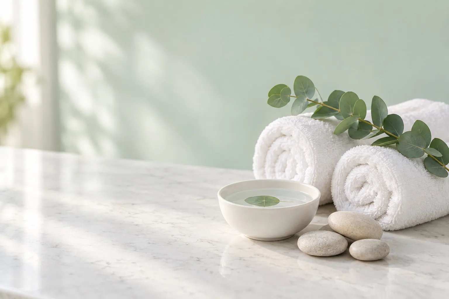 Rolled white towels, a eucalyptus sprig, a bowl of water and three pale stones on a marble counter