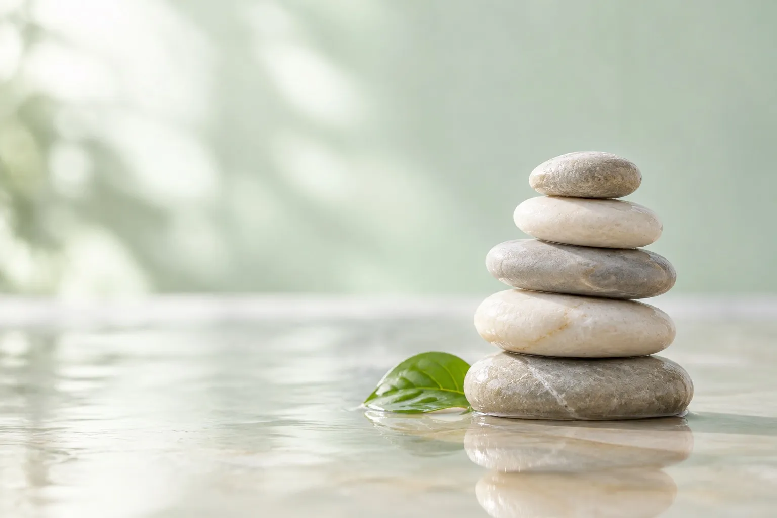 Five smooth river stones stacked on a wet pale surface beside a green leaf