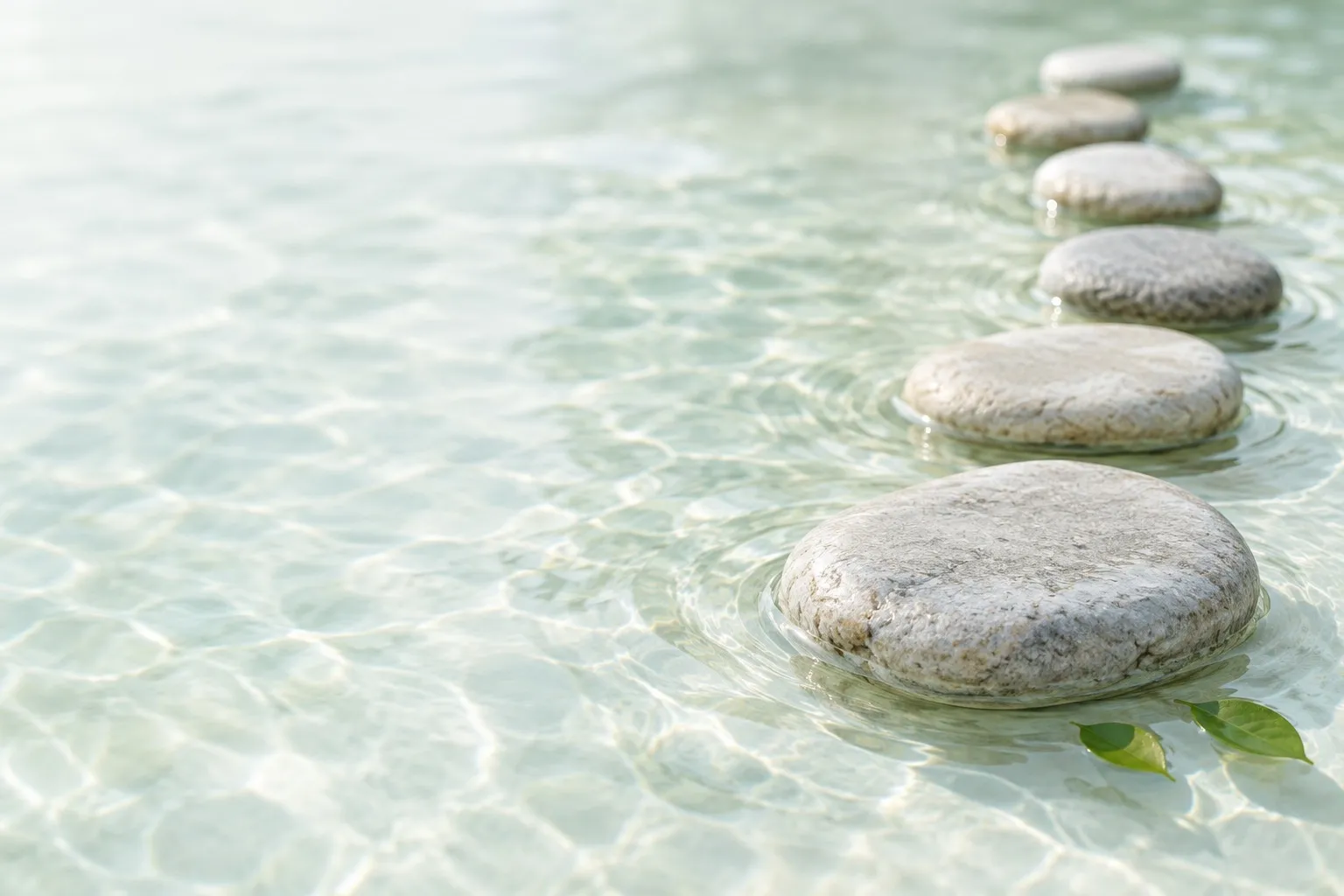 A curving line of pale stepping stones crossing shallow clear water, with two green leaves beside the nearest stone